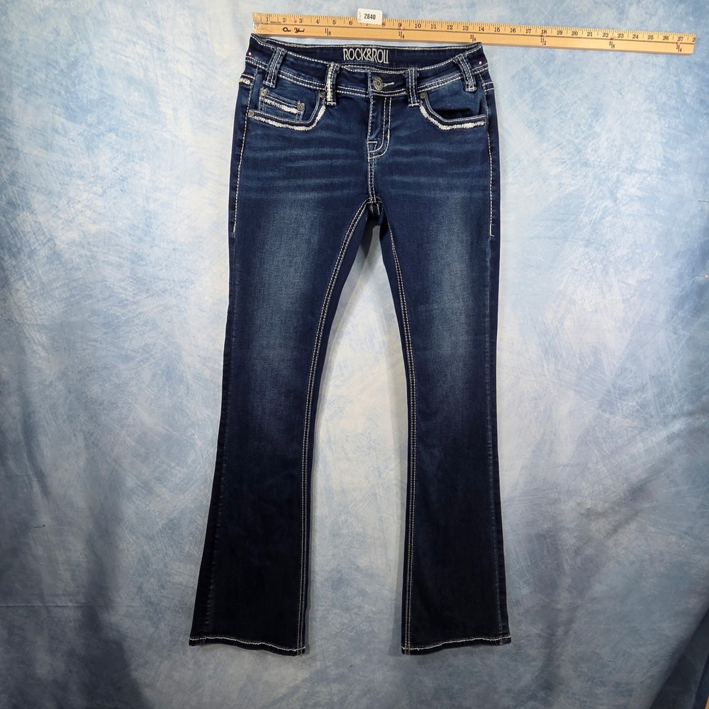 Rock and Roll Cowgirl Rival Low Rise Bootcut Jeans Dark Wash 27x34 Western